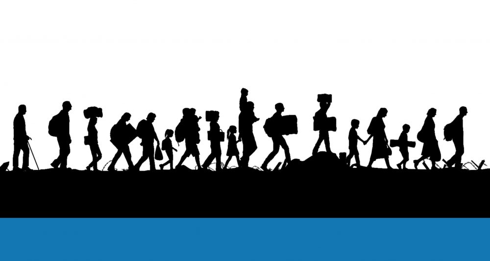 Banner: silloutte of a group of refugees