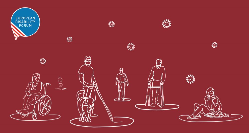Illustration of 5 persons with disabilities isolated and surrounded by viruses