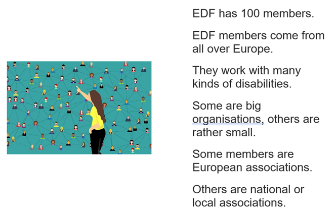 EDF has 100 members. EDF members come from all over Europe. They work with many kinds of disabilities. Some are big organisations, others are rather small. Some members are European associations. Others are national or local associations.