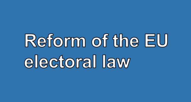 Background blue with letter in white and the text "Reform of the EU electoral law"