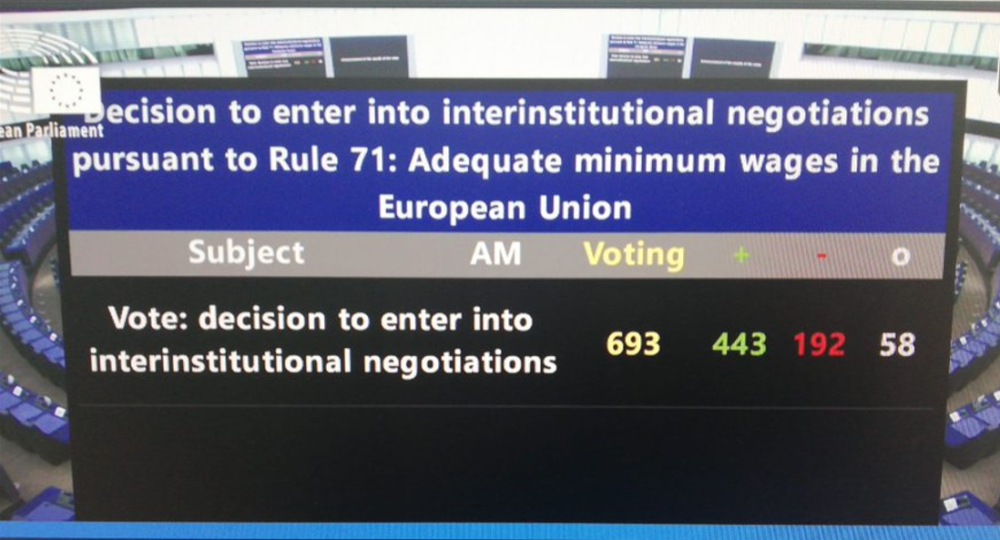 Screen shot of the final result of the vote in the Parliament showing 443 votes in favour of entering into interinstitutional negotiations on the Minimum Wage Directive, against 192 votes against and 58 abstentions.