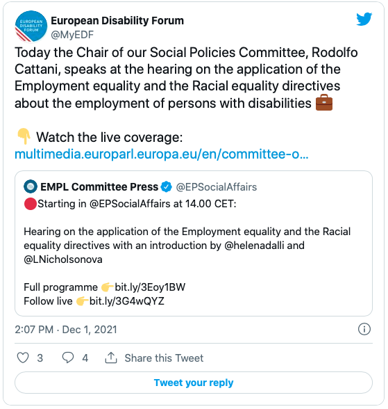 A screenshot of the EDF Twitter thread of the live tweet during the EMPL Hearing on the Employment Equality and the Racial Esquality Directives on December 1, 2021