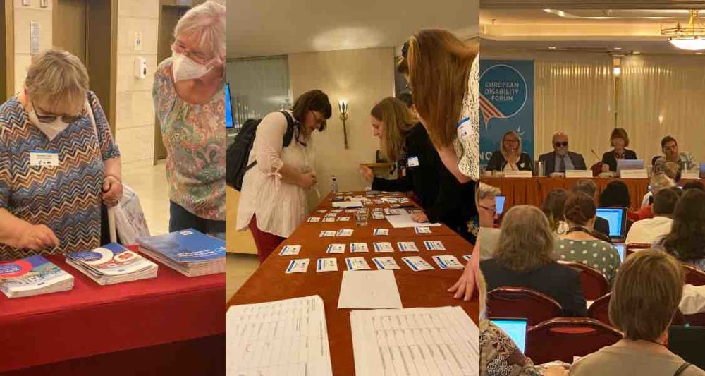 Collage of 3 photos. The first in the left side are two attendees taking a look to our reports, the second one is the registration process during the AGA and the third one on the right side an overview of the room where the meetings took place 