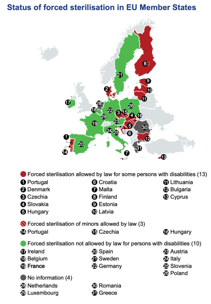 Map with the status of forced sterilisation in the EU Members States. Please note that the information for Austria has been updated. There is no legal possibility in the country to authorise forced sterilisation against a person's will.