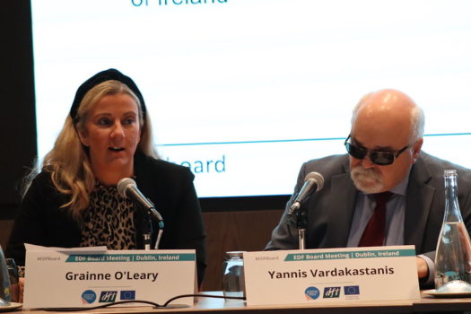 Grainne O'Leary, Vice-Chair of the Disability Federation of Ireland speaks next to Yannis Vardakastanis, EDF President