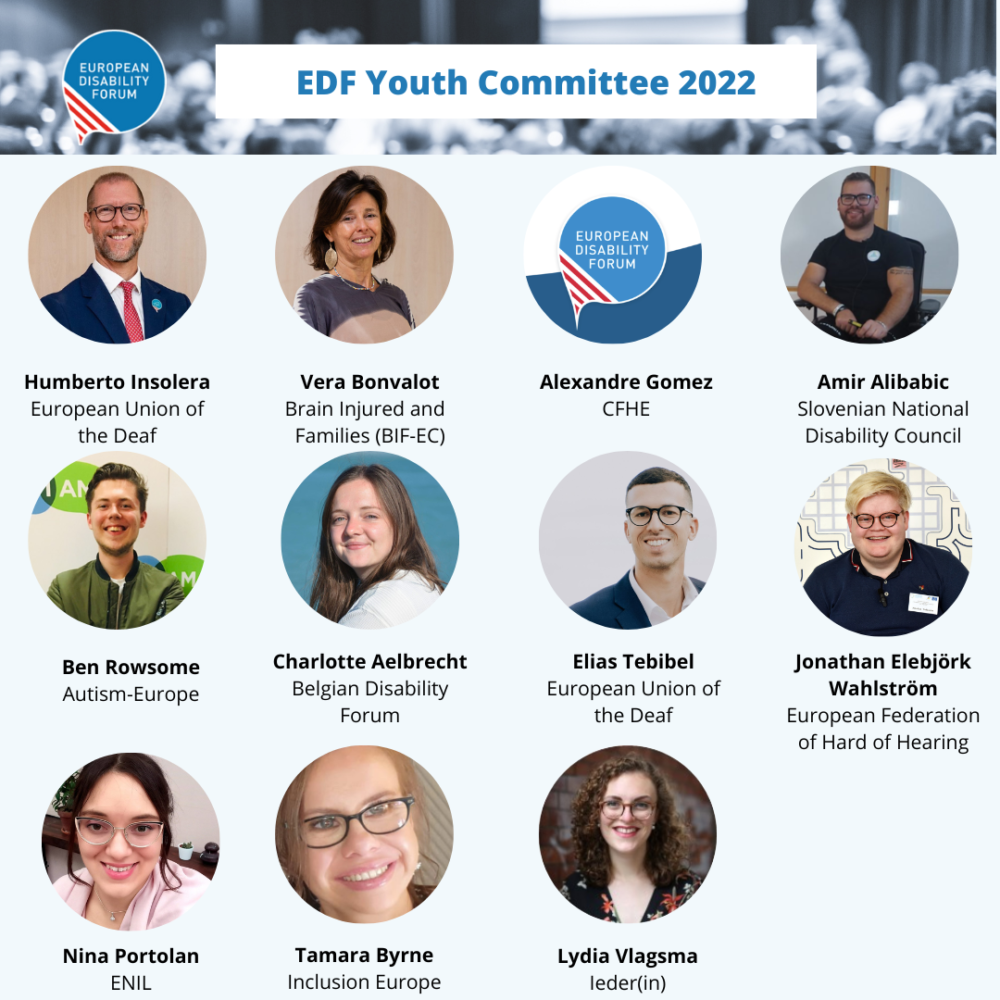 Members of EDF Youth Committee 2022. In order of appearance: Humberto Insolera, European Union of the Deaf Vera Bonvalot, Brain Injured and Families (BIF-EC) Alexandre Gomez, Conseil Français des Personnes Handicapées pour les affaires Européennes et internationales (CFHE) Amir Alibabic, Slovenian National Disability Council Ben Rowsome, Autism-Europe Slovenian National Disability Council Charlotte Aelbrecht, Belgian Disability Forum Elias Tebibel, European Union of the Deaf Jonathan Elebjörk Wahlström, European Federation of Hard of Hearing Nina Portolan, European Network on Independent Living (ENIL) Tamara Byrne, Inclusion Europe Lydia Vlagsma, Ieder(in) 