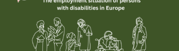 Banner Human Rights Report on Employment. a dark green cover with an illustration of several people with disabilities speaking together