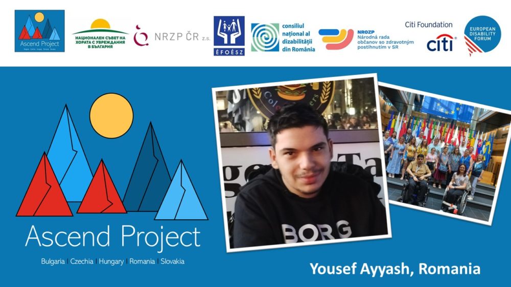 Ascend project logo, with a photo of Yousef Ayyash – Student at National University of Political and Administrative Studies, Romania, who attended the EYE (European Youth Event) event in Strasbourg on June 9th and 10th, 2023. ON the second photo, you can see Youssef with the other participants from the Ascend project in the European Parliament in Strasbourg.