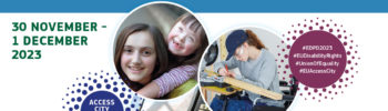 Banner of the European Day of Persons with Disabilities 2023 with 3 photos that portray: 2 girls smiling at the camera one of them has Down Syndrome, a young working woman wheelchair user cutting a piece of wood and an accesible device for casting a vote