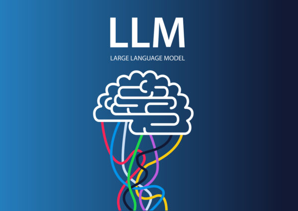 Illustration of a brain with several wires from different colours attached, symbolysing the information that large language models will turn into patterns. On top says LLM, large language model
