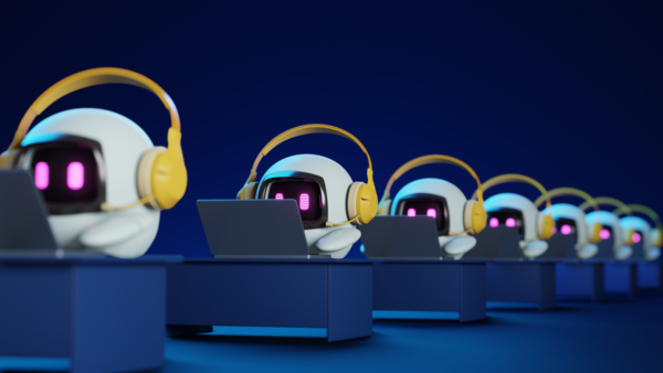 a row of robots with headphones on their heads