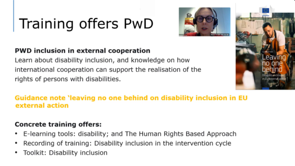 Doerte Bosse, Deputy Head of Unit of Social Inclusion and Protection, Health and Demography for International Partnerships, presenting training offers for persons with disabilities and the guidance note "leaving no one behind' on disability inclusion in EU external action