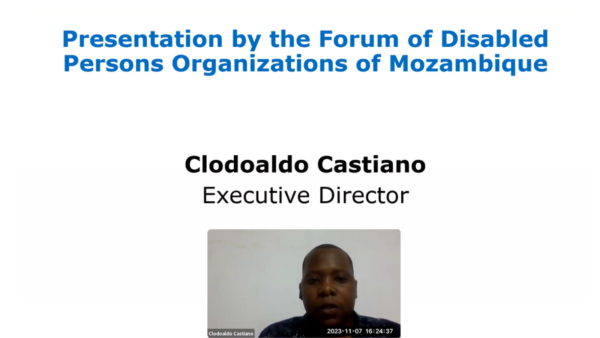 Presentation by Clodoaldo Castiano, Executive Director of the Forum of Disabled Persons Organizations of Mozambique (FAMOD)