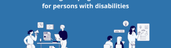 Illustration of people working organising communications activites and events with name of Checklis: making campaigns accessible for persons with disabilities