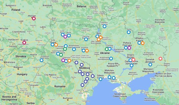 Slice of Google Map showing Ukraine, Moldova and Poland with around 50 different coloured markers all over Ukraine and Moldova and two in Poland, showing location of different projects
