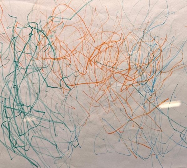 This abrastact painting made by Tetyana, shows coloured pencil lines of green and orange