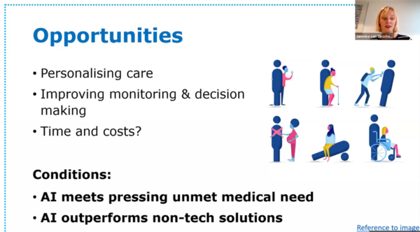 Janneke van Oirschot, Research Officer at Health Action International, presenting opportunities when using AI in healthcare: personalising care, improving monitoring and decision making, time and cost but only under certain conditions: AI meets pressing unmet medical need; AI outperform non-tech solutions