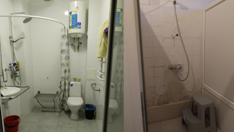 On the left the adapted bathroom, with handrails perpendicular to the toilet and a secure shower seat with no floor barriers and a simple movable curtain. On the right the plastic seat in a tiny shower room, 110cm squared above two slippery stairs.