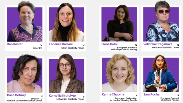 A collage of photos of the full members of the youth Committee, with their names and organisations: From left to right, top row: Xan Koster (Ieder(in)); Federica Balzani (Italian Disability Forum); Elena Ratoi (European Network on Independent Living); Velichka Draganova (European Deafblind Union). Bottom row: Dace Dobrāja (National Latvian Disability Council – SUSTENTO); Kornelija Krutulytė (Lithuanian Disability Forum); Karina Chupina (European Federation of Hard of Hearing People); Sara Rocha (European Council of Autistic People).