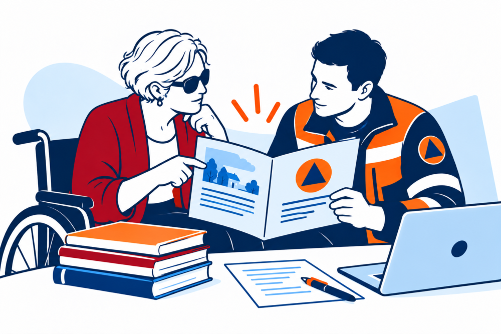 Two people reading a resource on civil protection